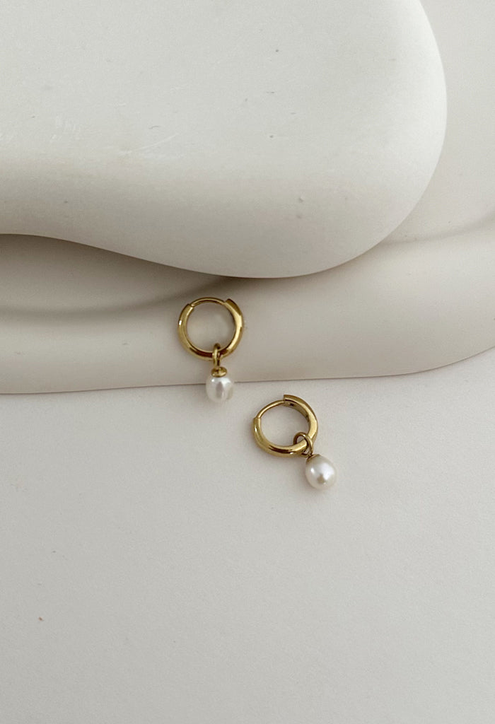 Classic Freshwater Detachable Pearl Huggie Waterproof Earrings 14k Gold Plate