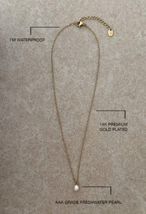 Dainty Freshwater Single Pearl Waterproof Necklace 14k Gold Plate