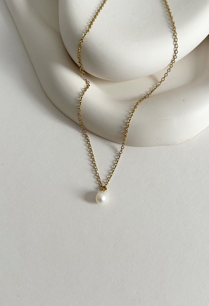Dainty Freshwater Single Pearl Waterproof Necklace 14k Gold Plate