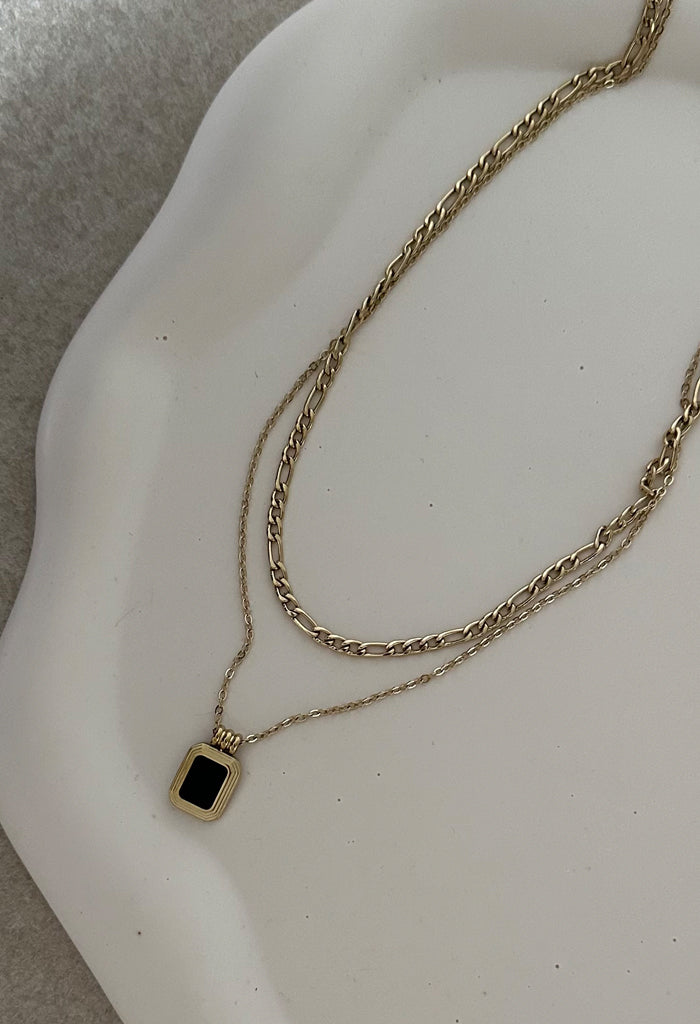 Double Layered Black Onyx Waterproof Necklace 14k Gold Plated