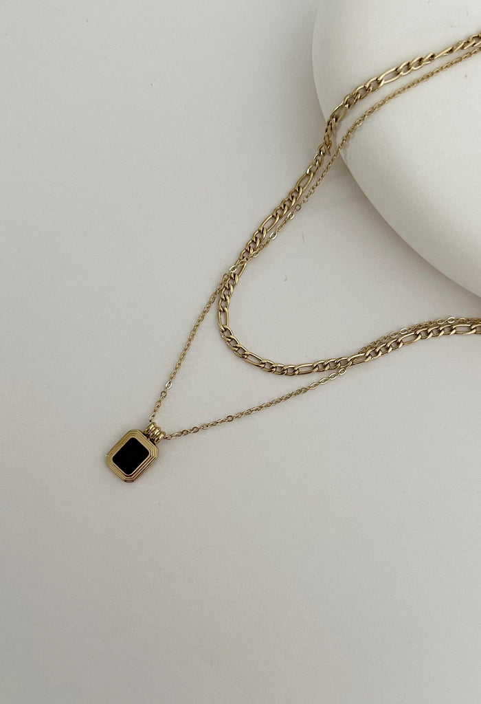 Double Layered Black Onyx Waterproof Necklace 14k Gold Plated