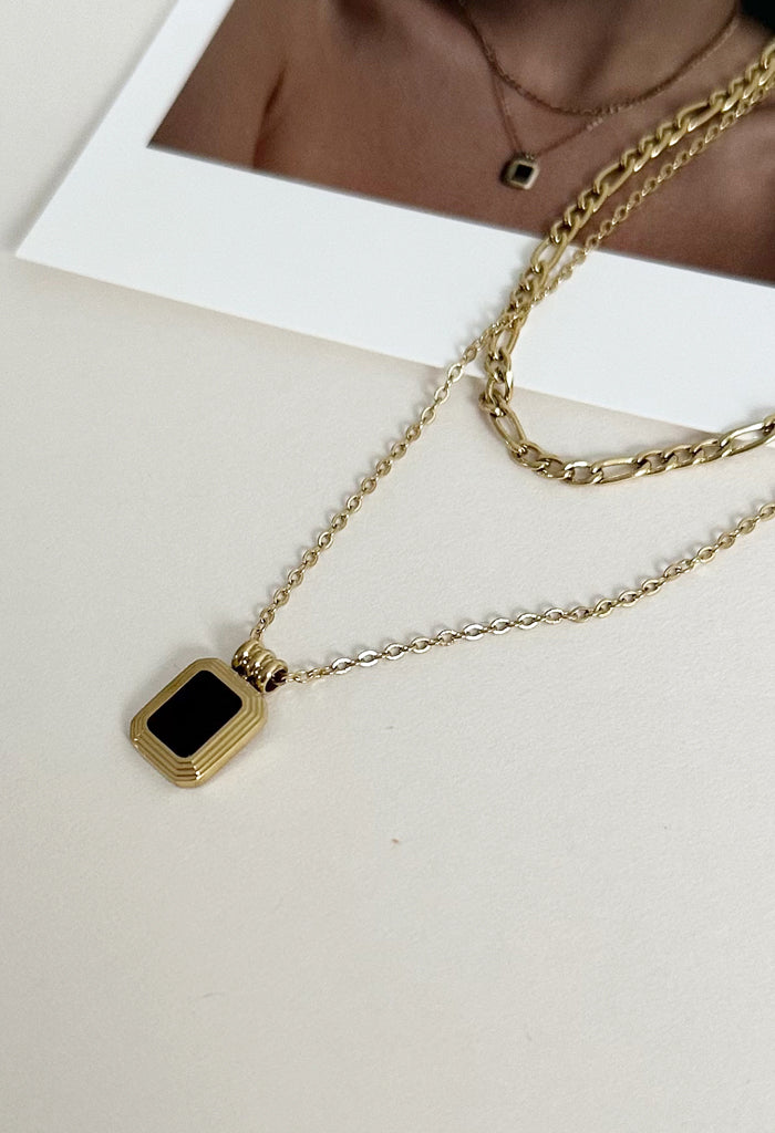 Double Layered Black Onyx Waterproof Necklace 14k Gold Plated
