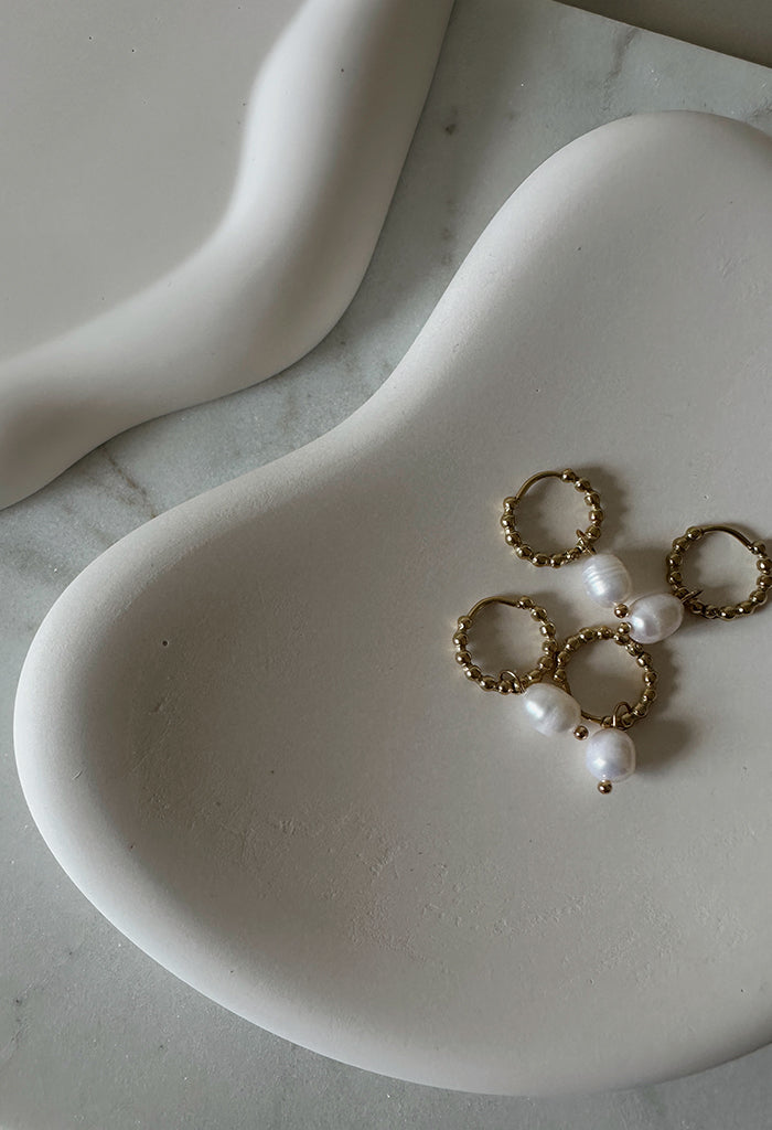 Gold Beaded Freshwater Pearl Hoop Earrings 14K Waterproof Plate