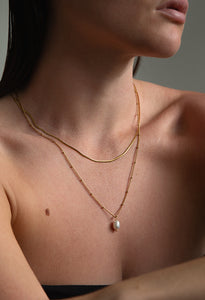 Layered Snake and Satellite Chain Necklace With Freshwater Pearl 14K Gold Plate