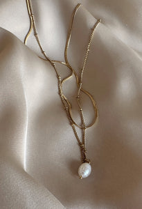 Layered Snake and Satellite Chain Necklace With Freshwater Pearl 14K Gold Plate