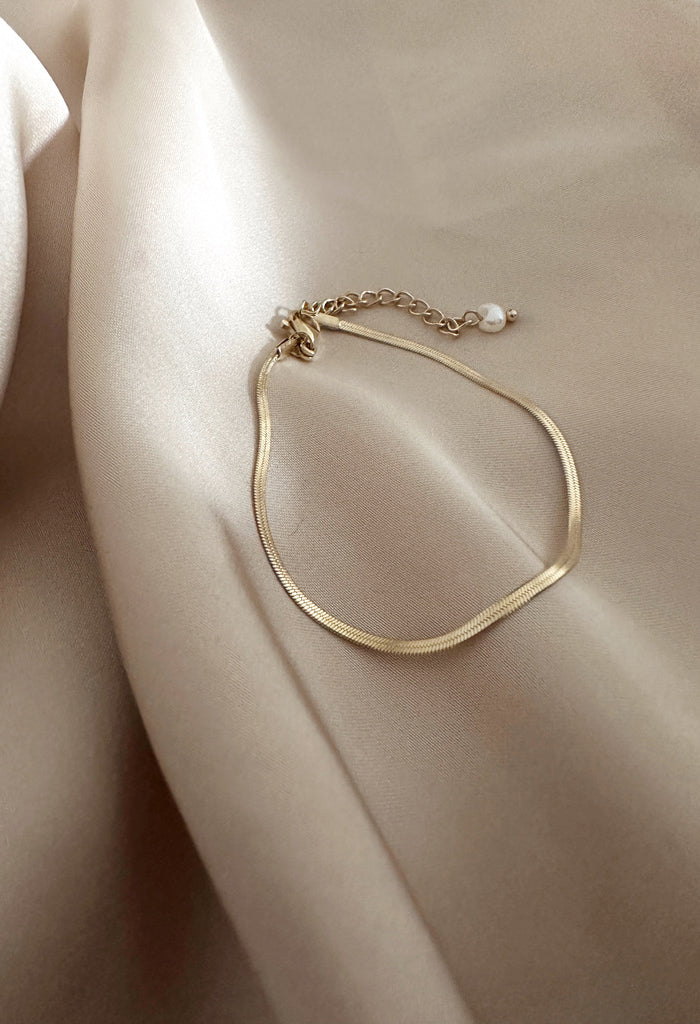 Thin Snake Chain Bracelet with Freshwater Pearl Charm 14K Gold Plate