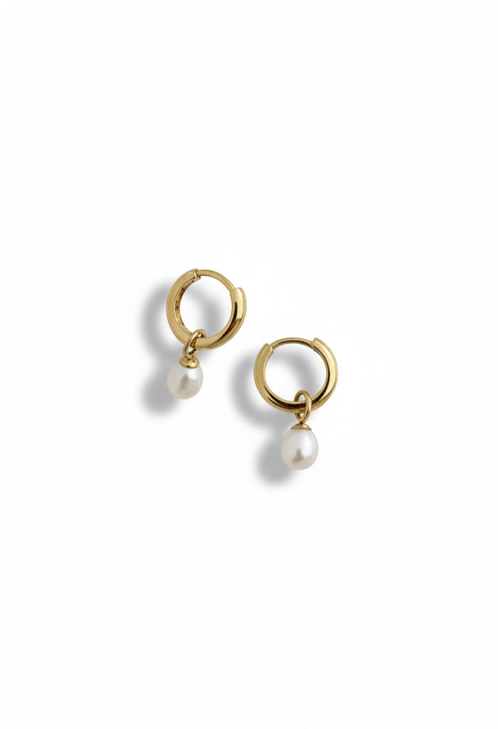 Classic Freshwater Detachable Pearl Huggie Waterproof Earrings 14k Gold Plate