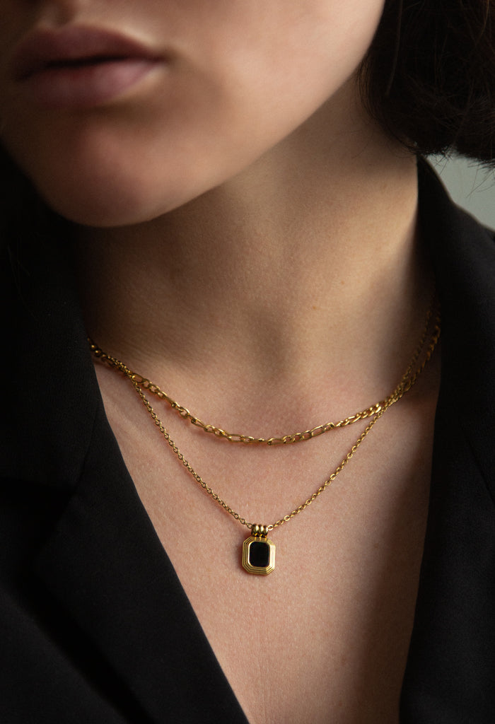 Double Layered Black Onyx Waterproof Necklace 18k Gold Plated