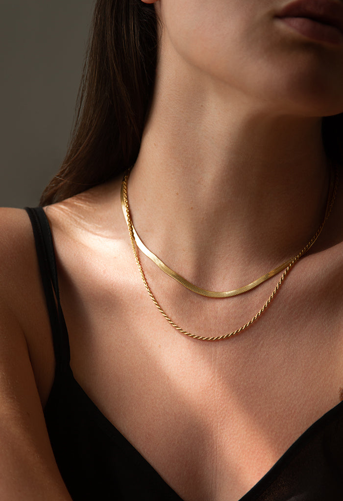 Layered Rope and Snake Chain Necklace Waterproof 18k Gold Plate